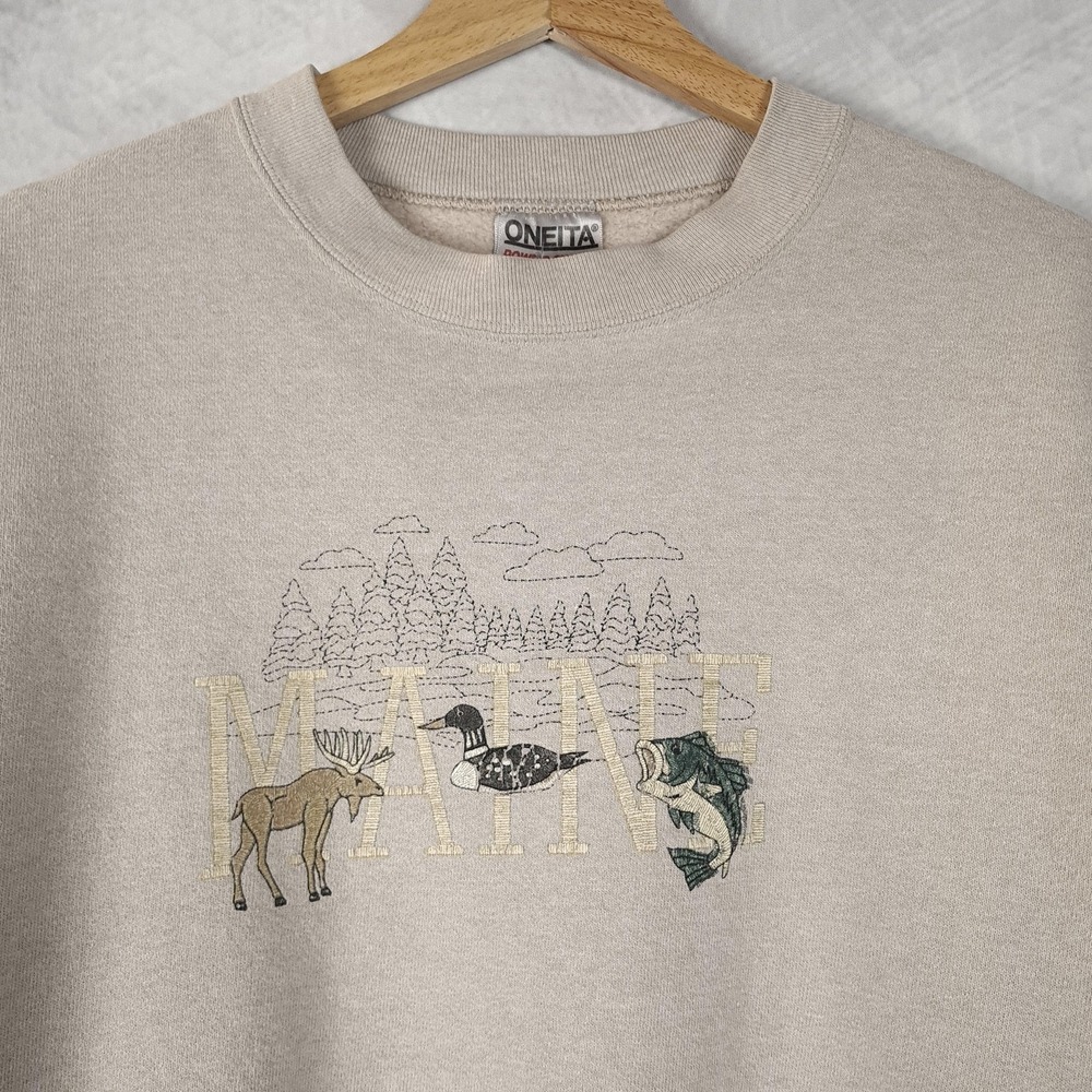 Vintage 90s Maine Sweatshirt Mens Large Beige Moose Duck Wildlife USA Oneita